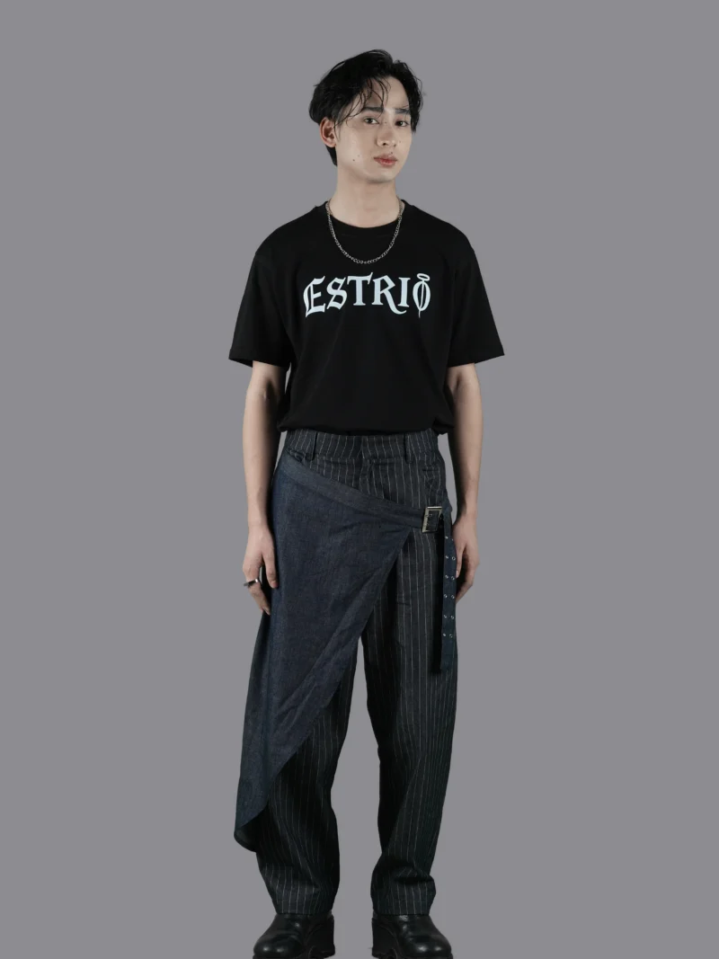Pinstripe Denim Pants with Asymmetric Wrap Layer