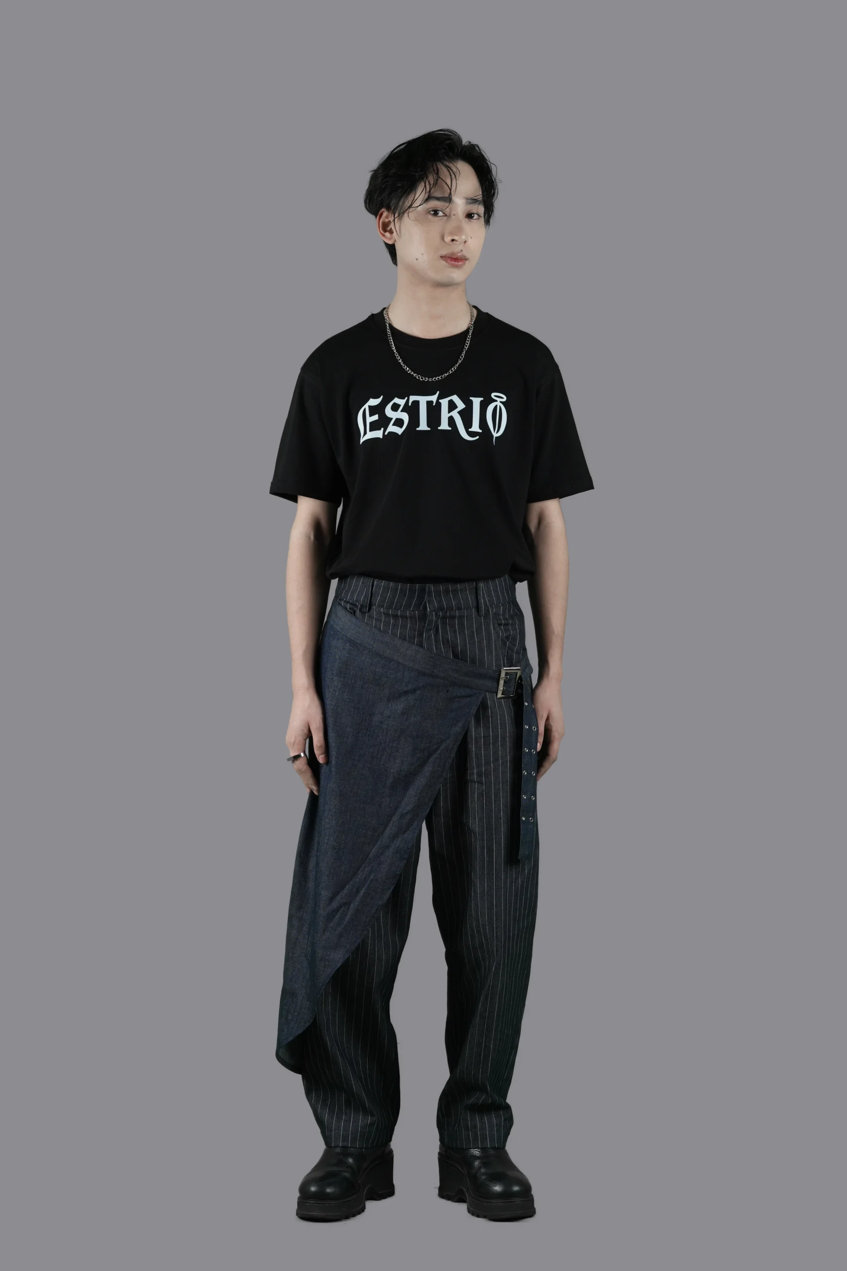 Pinstripe Denim Pants with Asymmetric Wrap Layer