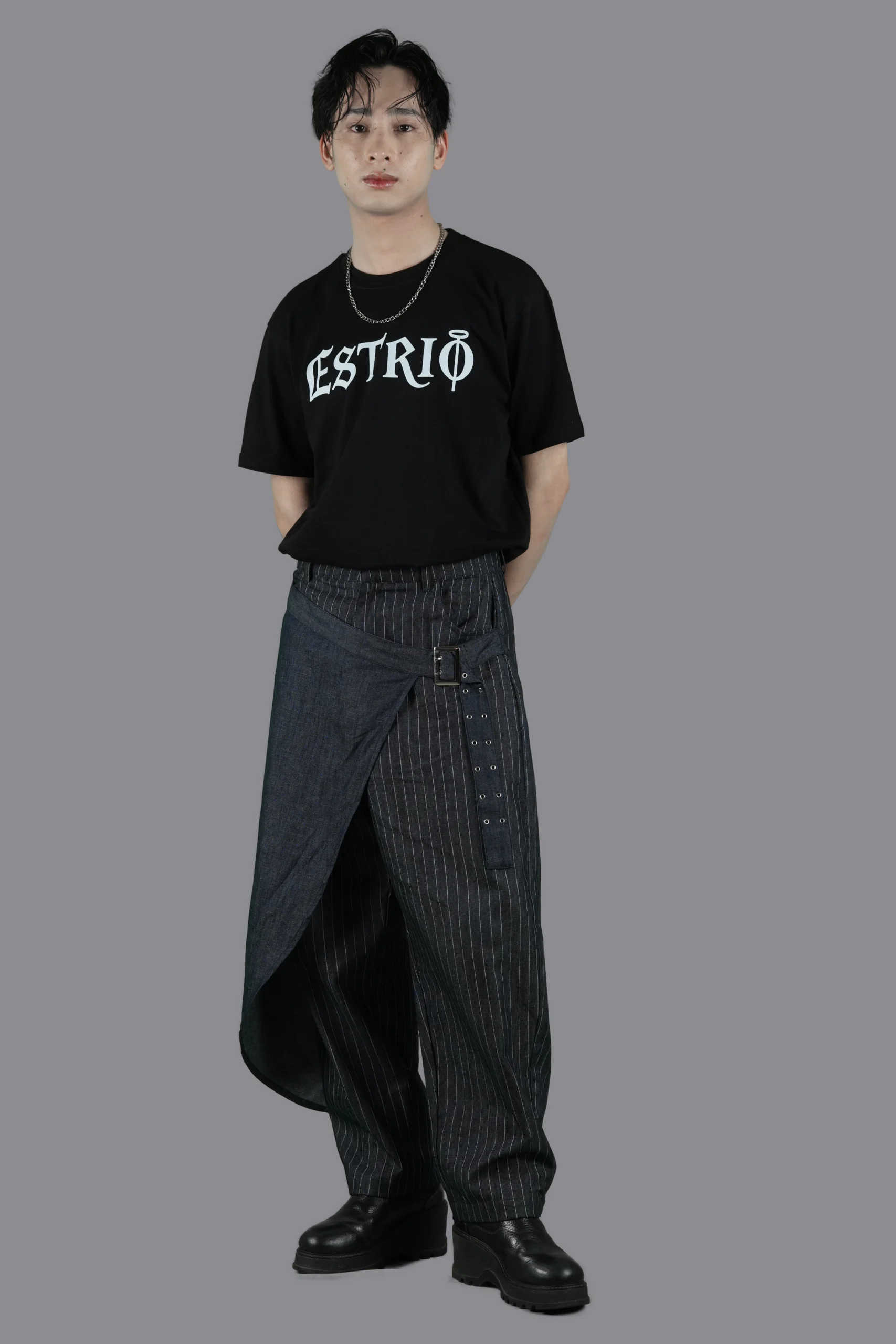 Pinstripe Denim Pants with Asymmetric Wrap Layer