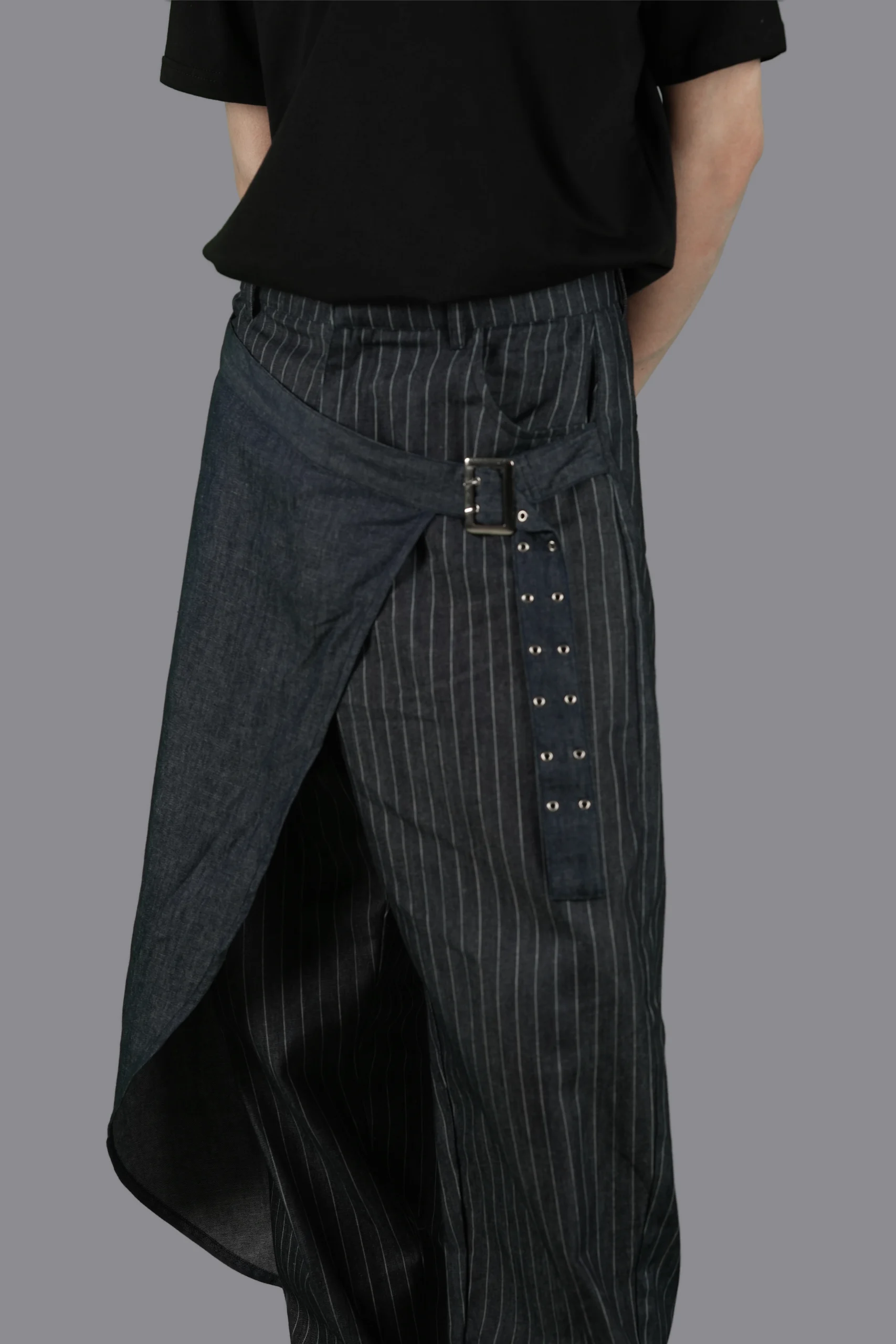 Pinstripe Denim Pants with Asymmetric Wrap Layer