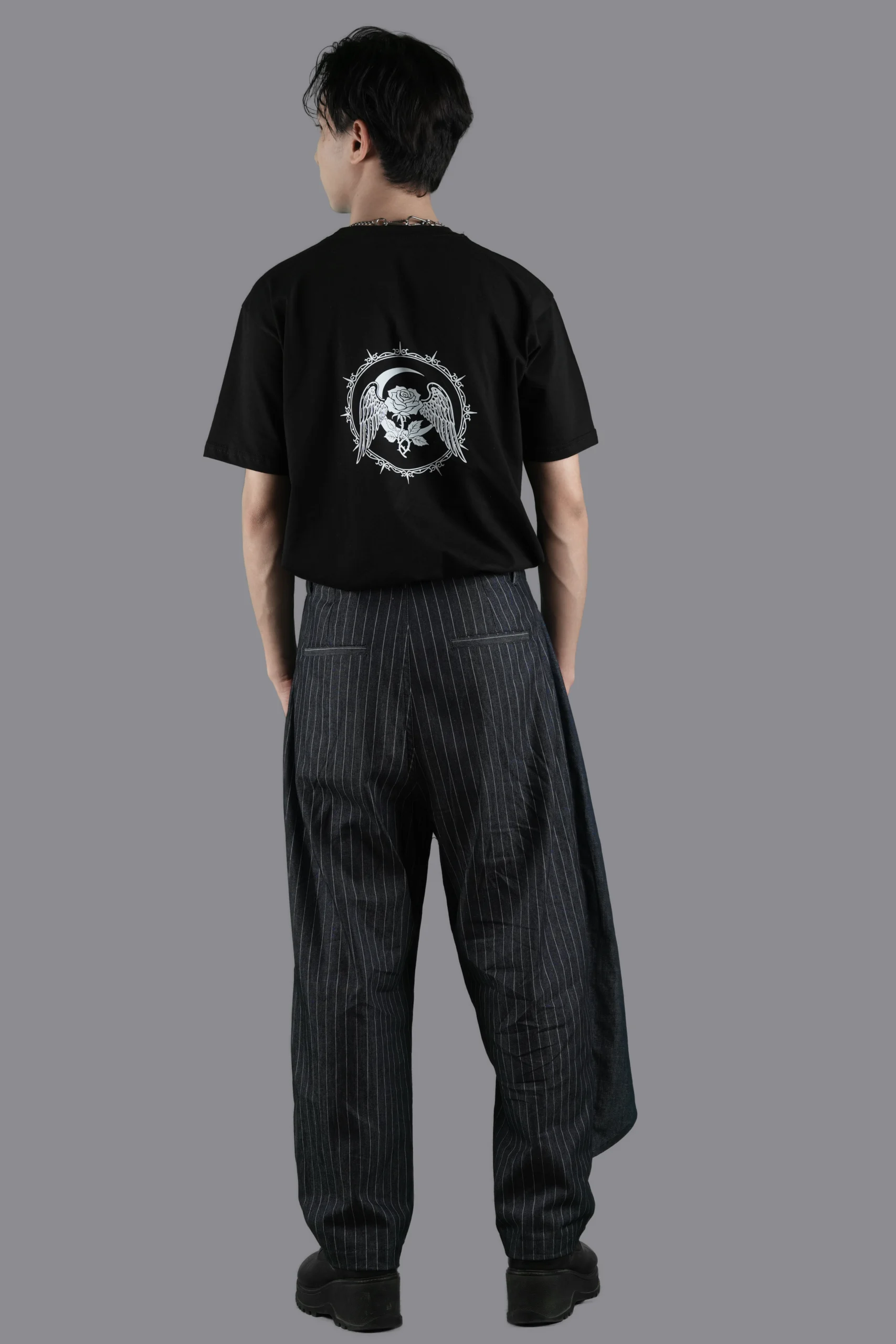 Pinstripe Denim Pants with Asymmetric Wrap Layer