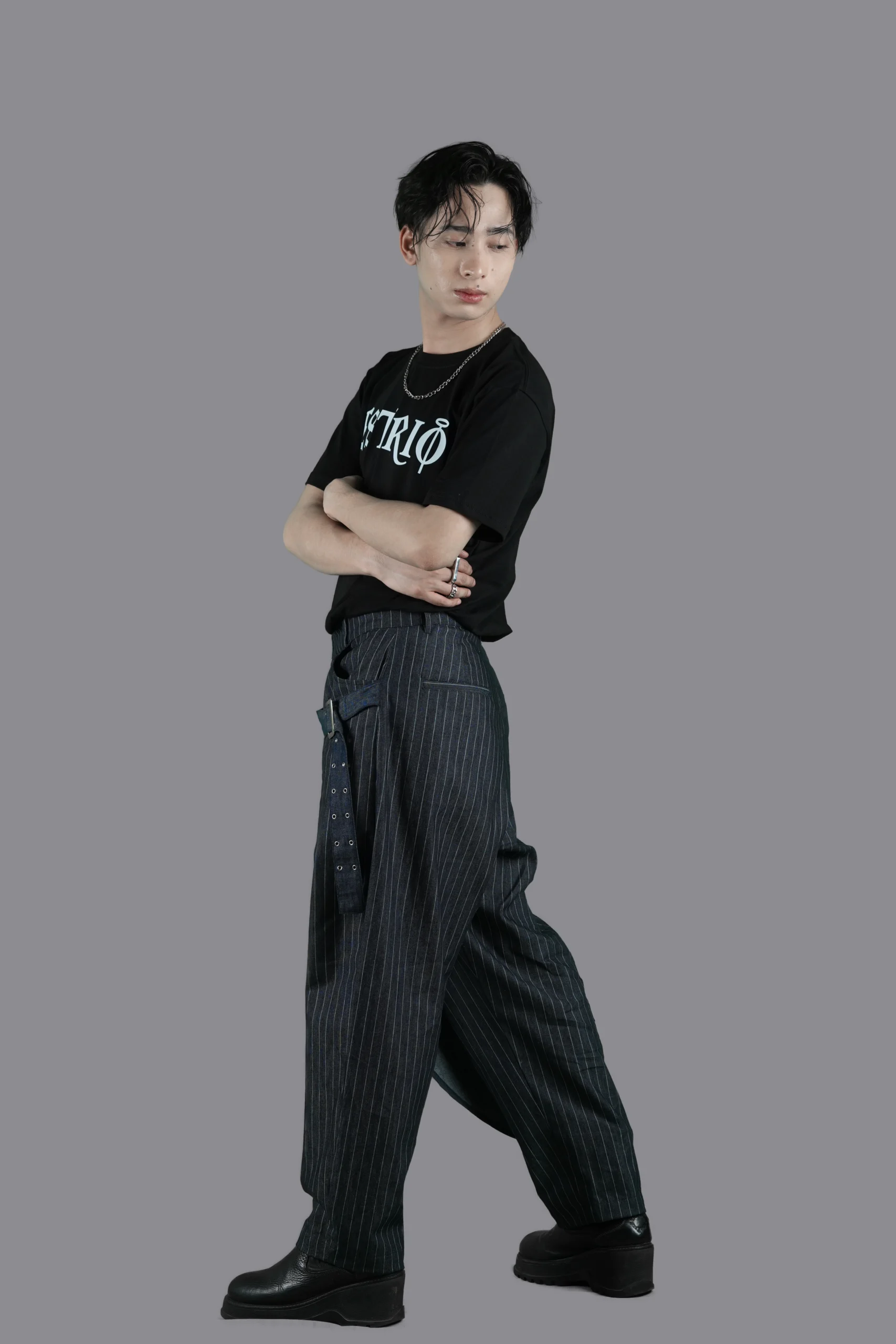 Pinstripe Denim Pants with Asymmetric Wrap Layer