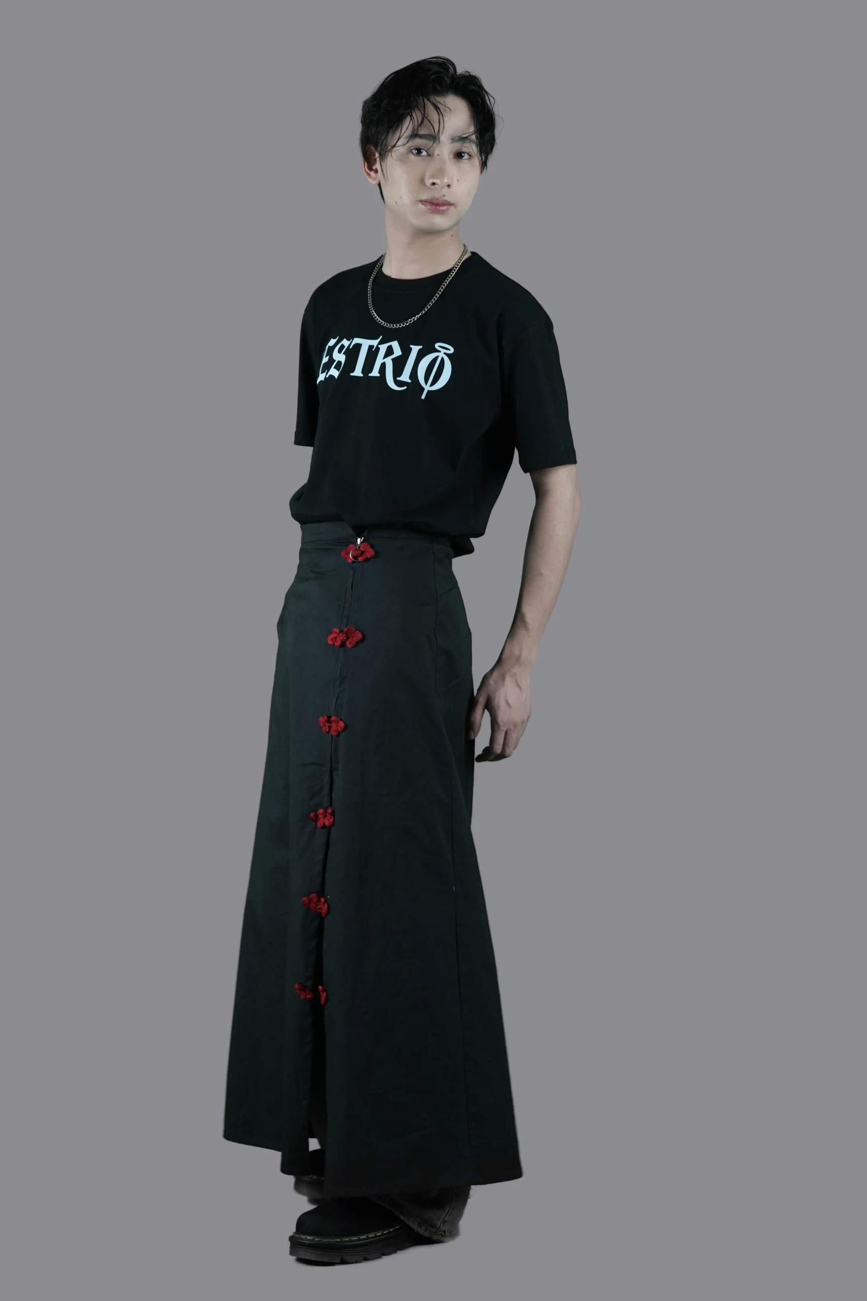 Black Skirt with Red Knot Button