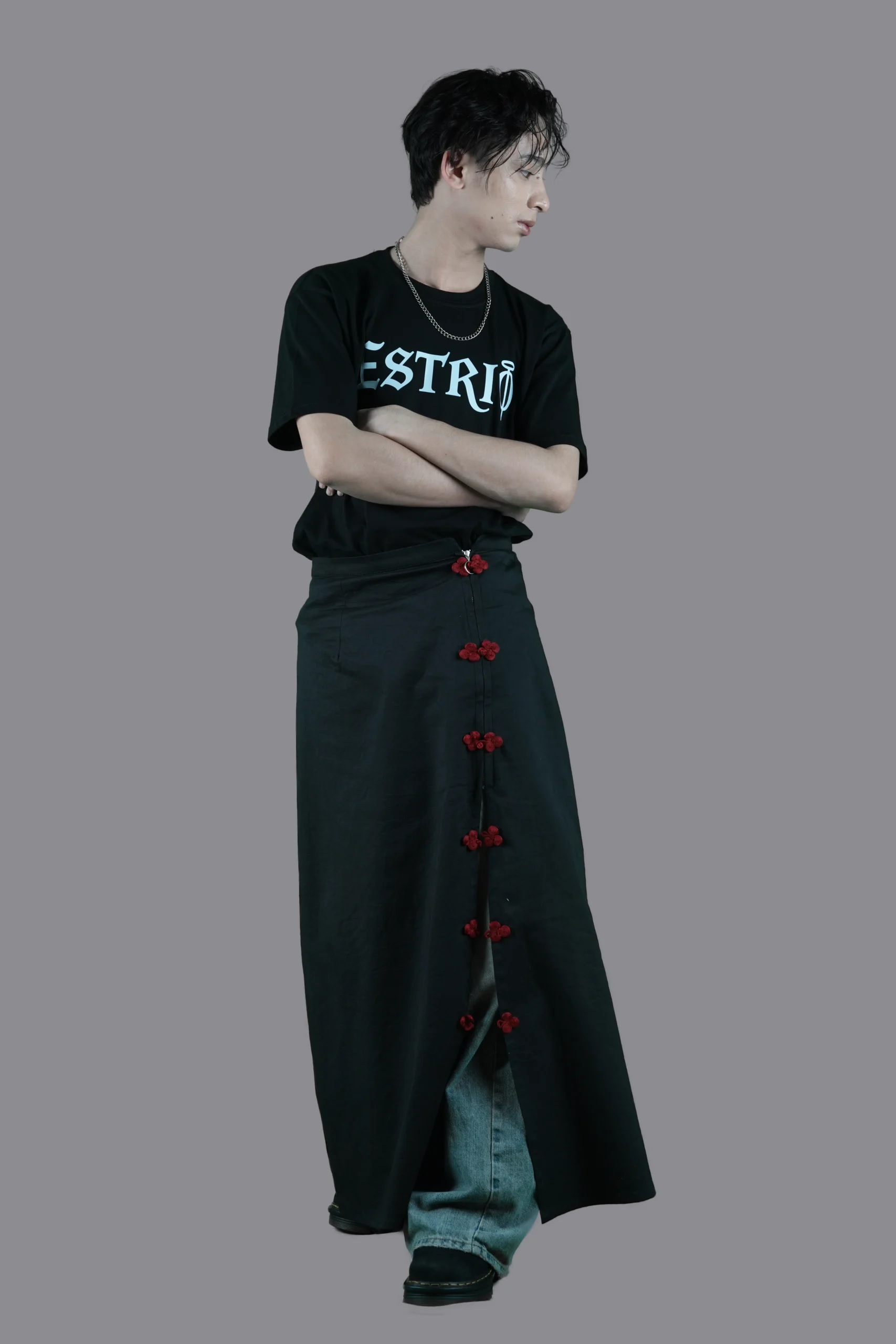 Black Skirt with Red Knot Button
