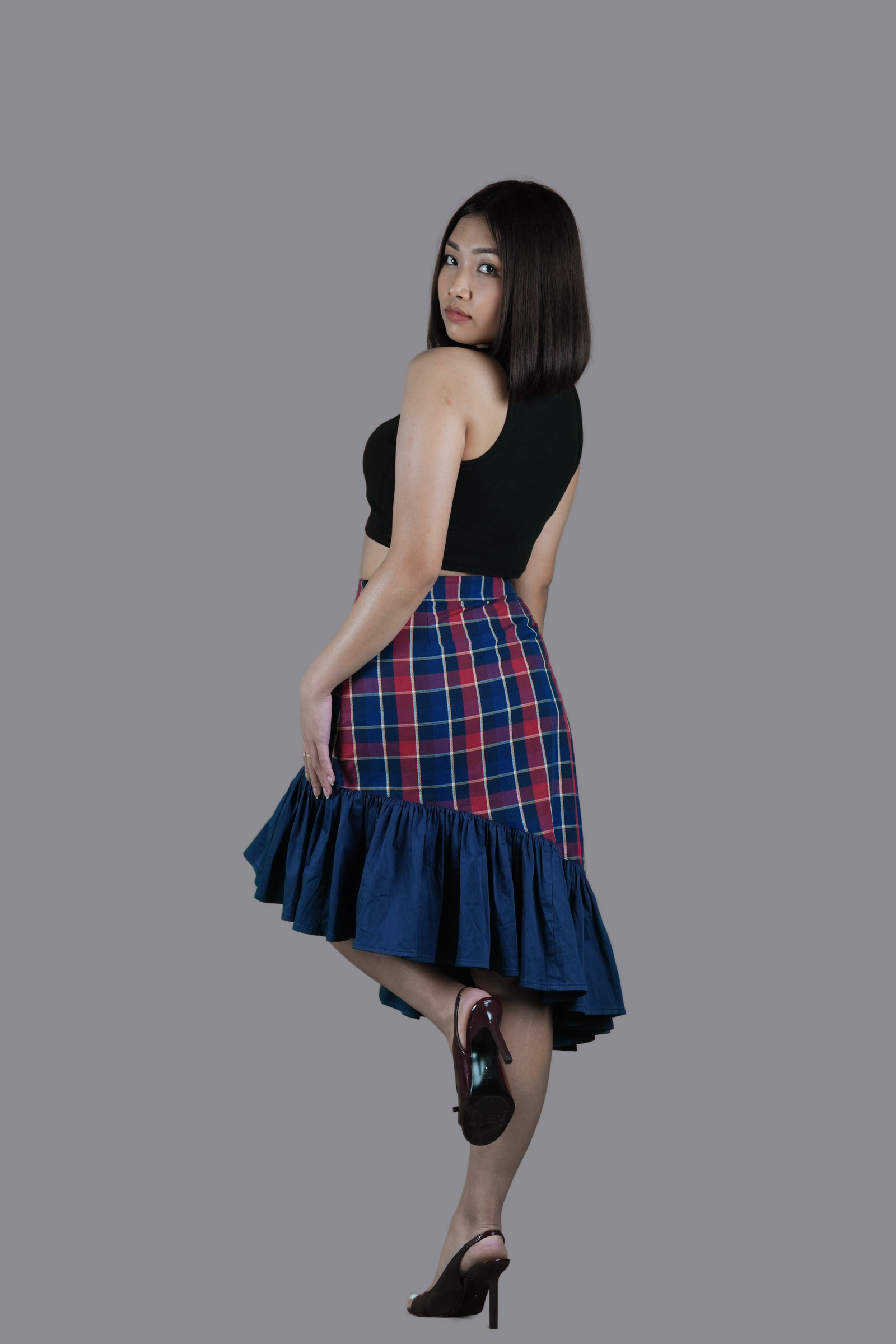 Plaid Asymmetrical Hem Skirt