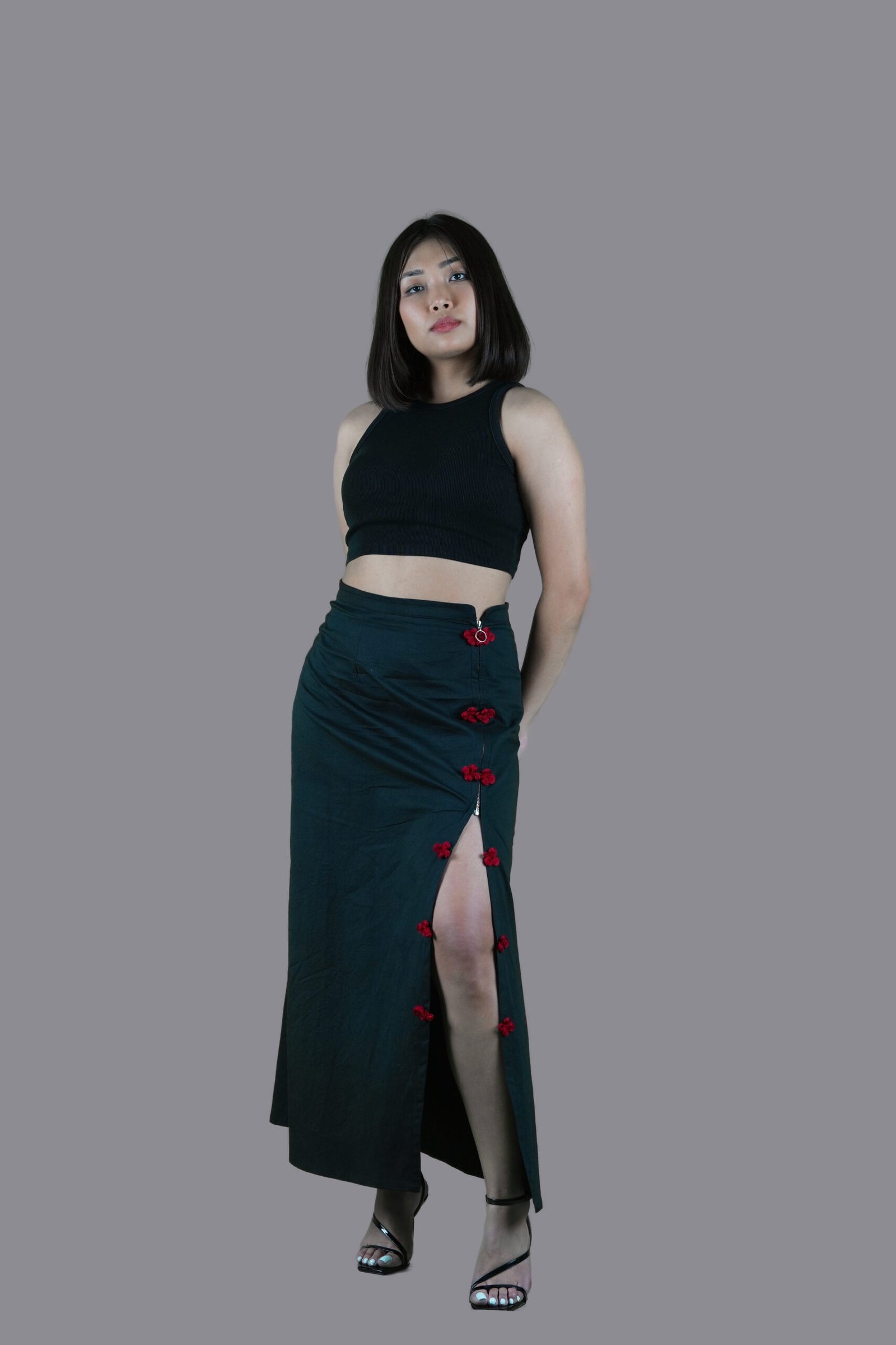 Black Skirt with Red Knot Button