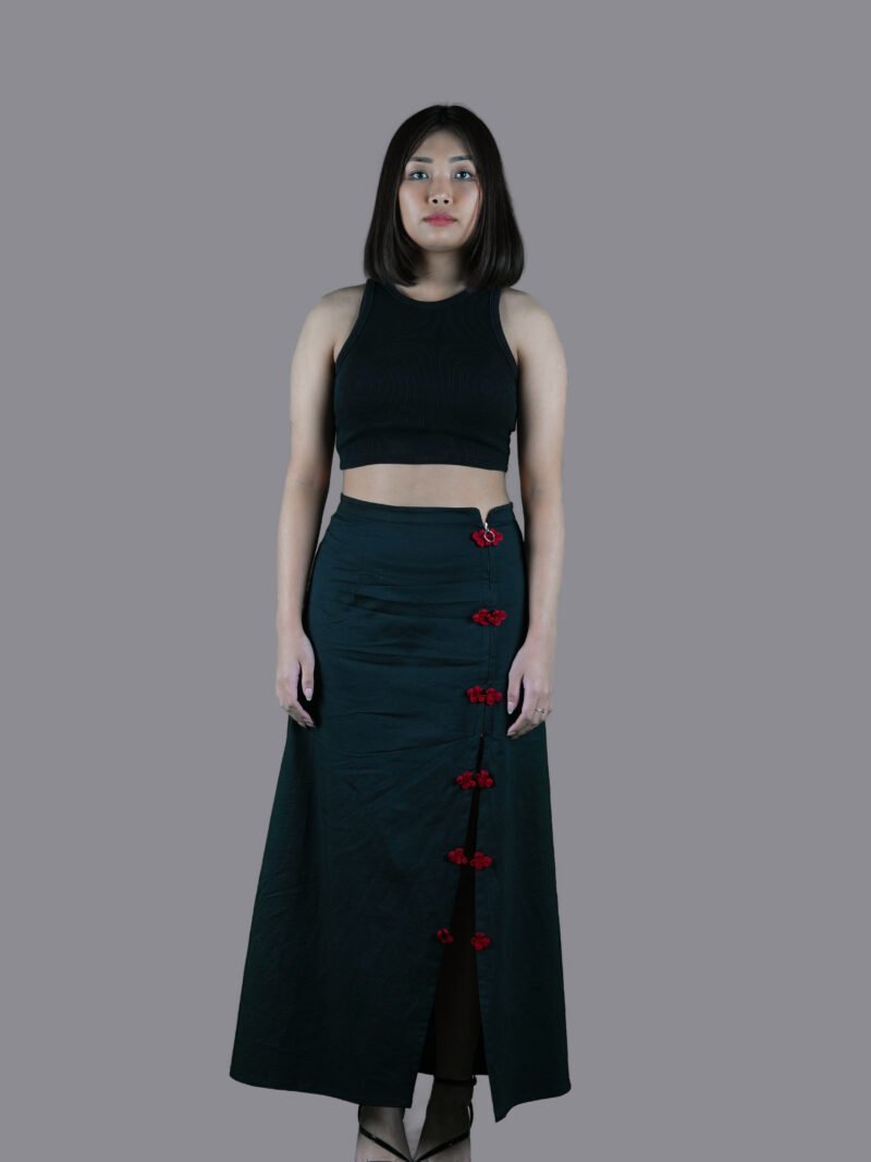Black Skirt with Red Knot Button