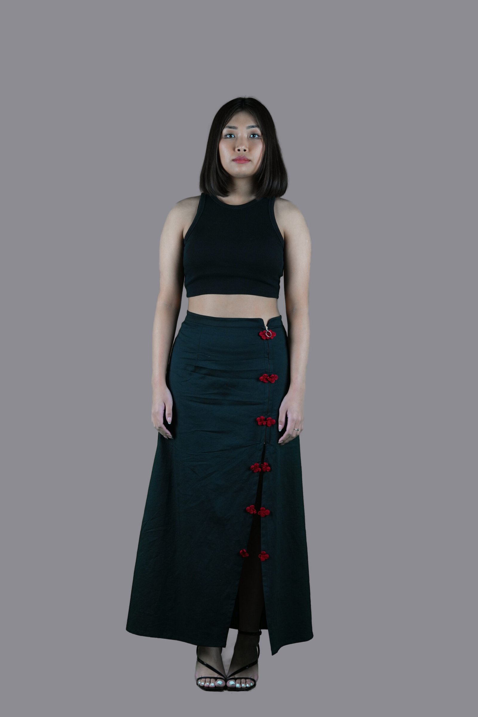 Black Skirt with Red Knot Button