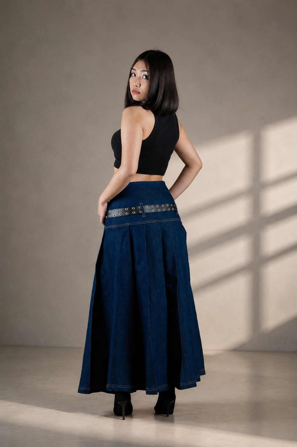 Dark Blue Pleated Denim Skirt