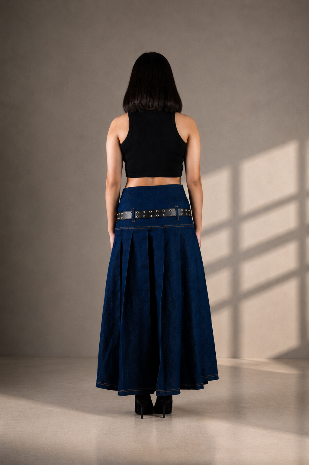 Dark Blue Pleated Denim Skirt