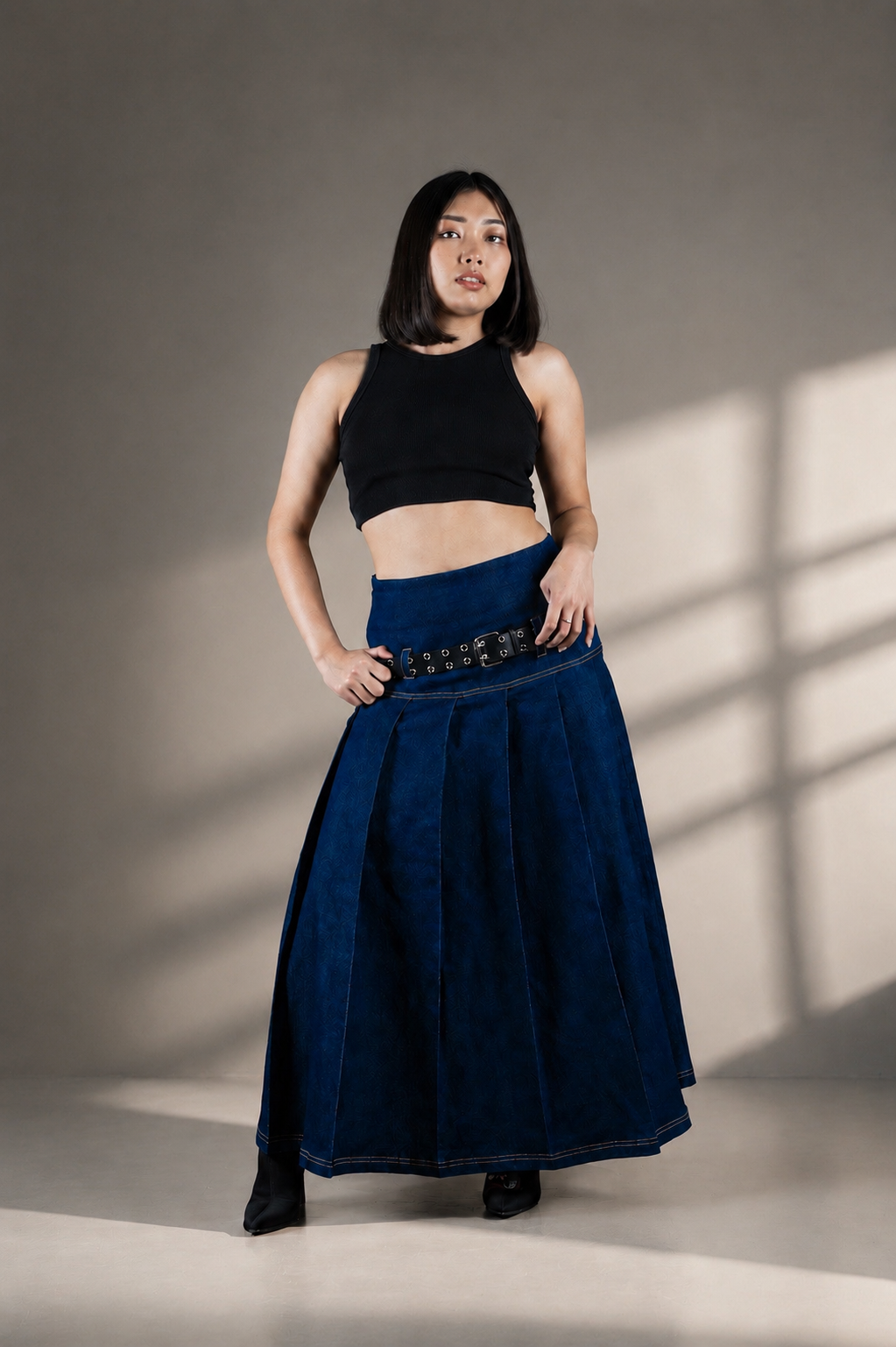 Dark Blue Pleated Denim Skirt